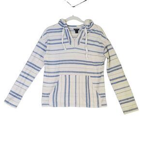 Roots Women's Blue White Striped Cotton Long Sleeve V Neck Pullover Hoodie XS
